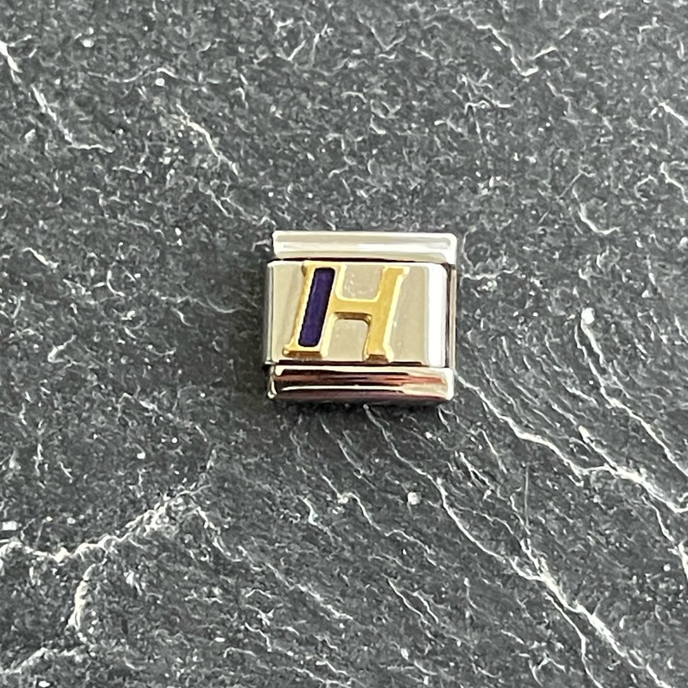 Zoppini Stainless Steel and Gold Blue Enameled Charm with H Letter